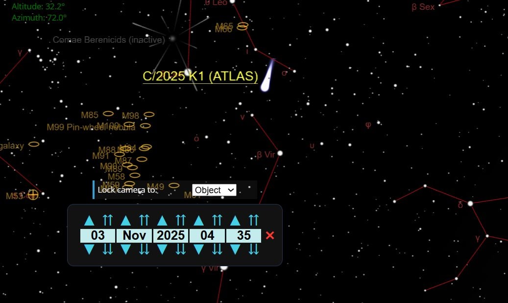 La posizione della cometa dorata nel cielo di Roma alle 04:30 del mattino circa. Credit: TheSkyLive