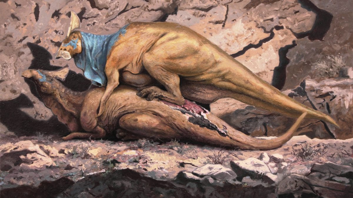 Illustrazione di due dinosauri dal becco d’anatra della specie Olorotitan arharensis in accoppiamento. Credit: TROCO