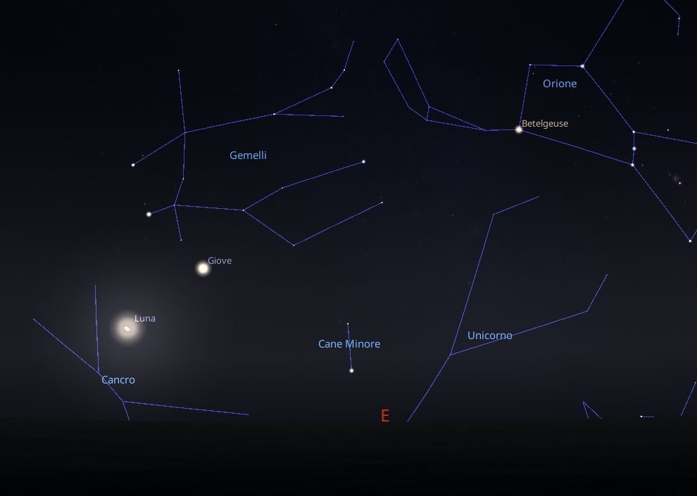 La Luna e Giove vicini alle stelle Castore e Polluce (le "teste" dei Gemelli) la sera del 10 novembre. Credit: Stellarium