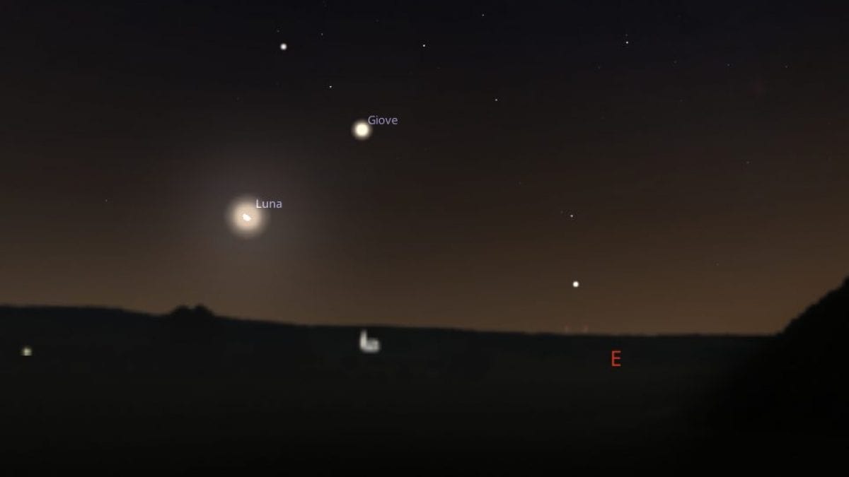 Il bacio della Luna a Giove del 10 novembre. Credit: Stellarium