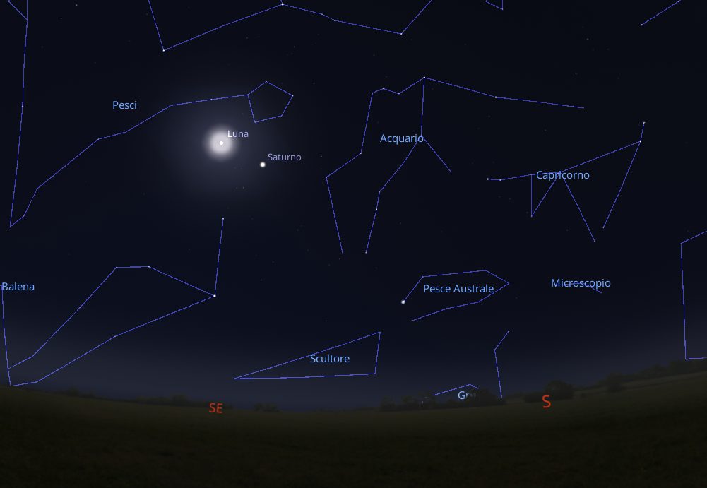 La congiunzione astrale tra la Luna e Saturno del 2 novembre 2025. Credit: Stellarium