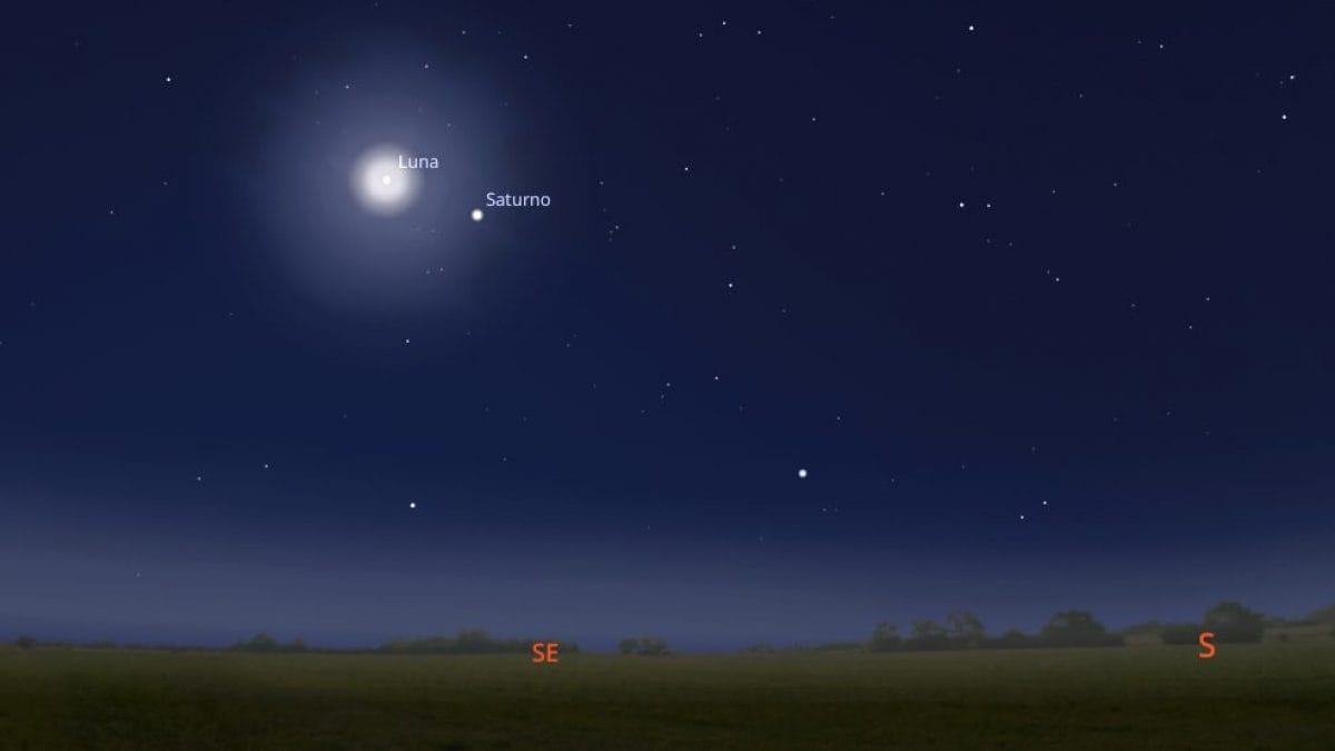 La congiunzione astrale tra la Luna e Saturno del 2 novembre 2025. Credit: Stellarium