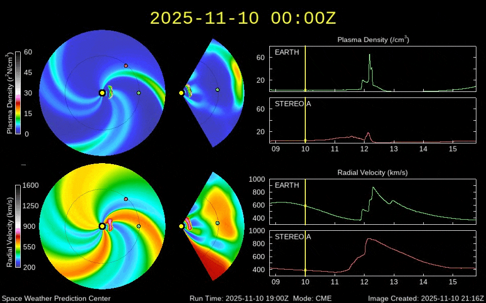 Il modello della NOAA mostra le due CME in fusione poco prima dell’impatto contro la Terra, tra l’11 e il 12 novembre. La CME cannibale potrebbe dar vita all’aurora boreale in Italia. Credit: NOAA