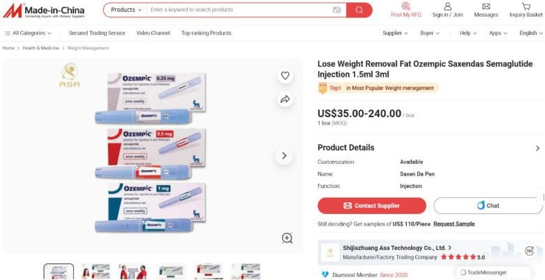 Confezioni di presunte penne Ozempic offerte da un venditore su Made–in–Cina.com / Credit: Emerging Trends in Drugs, Addictions and Health