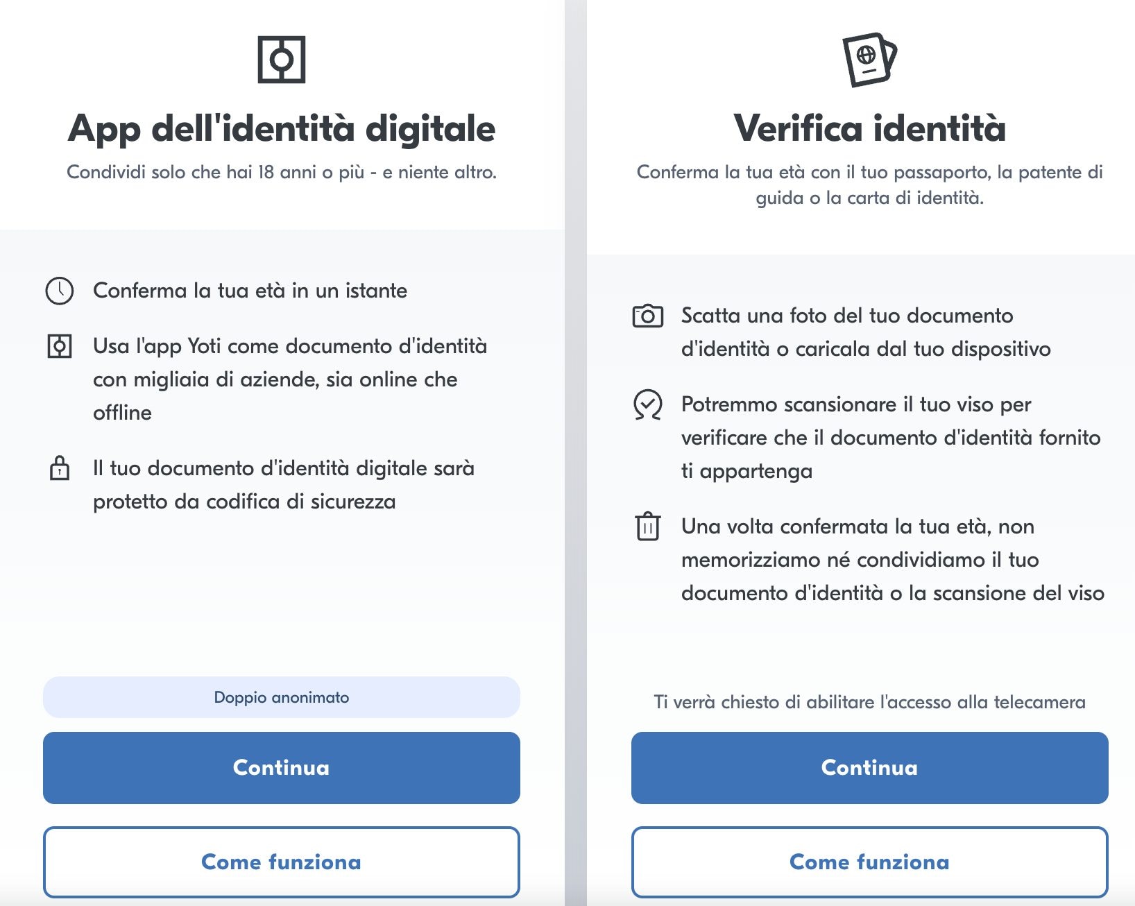 YOTI | La schermata per la conferma dell’età