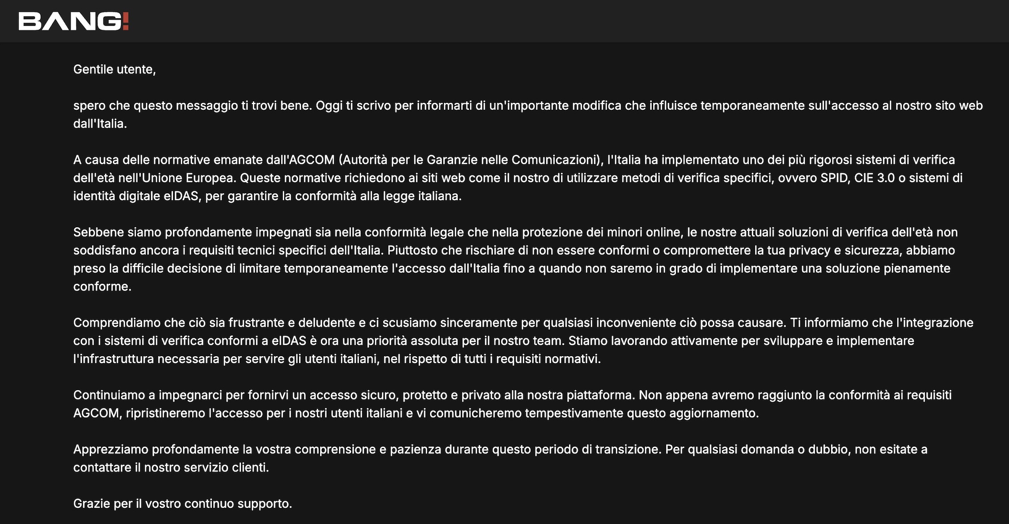 Il messaggio del sito per adulti "Bang!" che comunica la temporanea sospensione del servizio