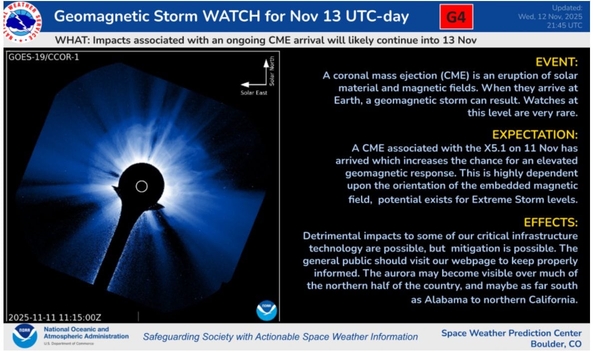 Il bollettino della NOAA per allerta tempesta geomagnetica G4 oggi 13 novembre. Credit: NOAA