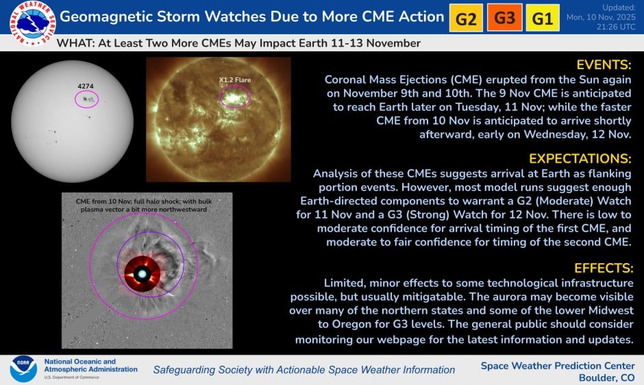 Il bollettino della NOAA sulle CME in arrivo e relativo rischio di tempeste geomagnetiche. Credit: NOAA