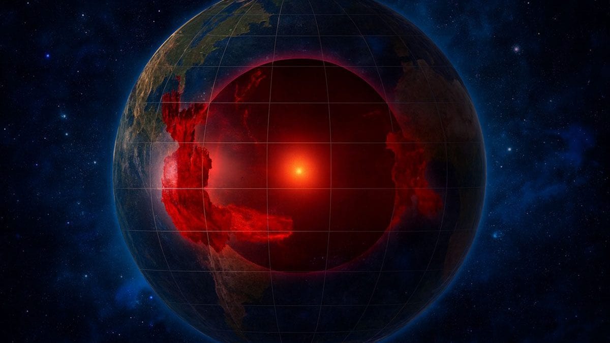 Illustrazione dei due misteriosi blob – le principali province a bassa velocità di taglio, una sotto l’Africa e l’altra sotto l’Oceano Pacifico – nelle profondità della Terra / Credit: Sanne Cottaar/Dati di tomografia sismica. Rielaborazione con strumenti di intelligenza artificiale
