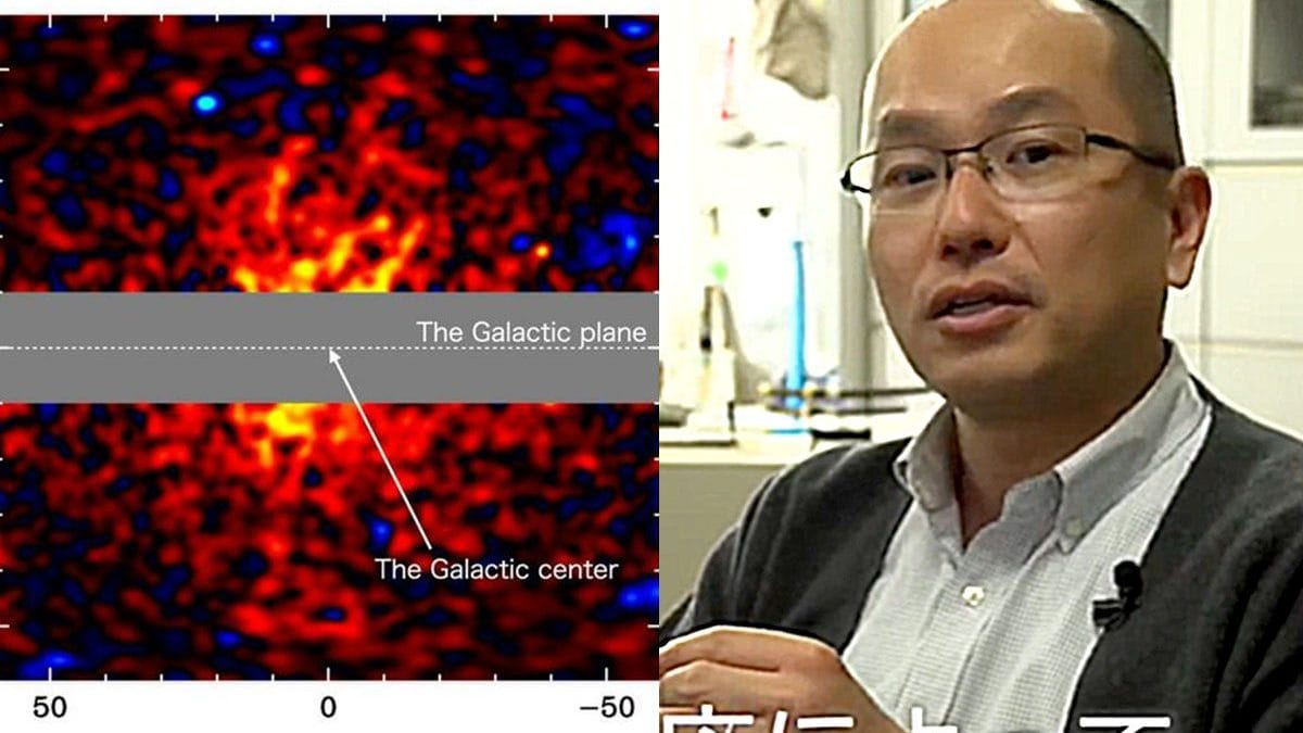 II professor Tomonori Totani e il grafico dei raggi gamma rilevati dal Fermi LAT / Credit: Tomonori Totani, Università di Tokyo