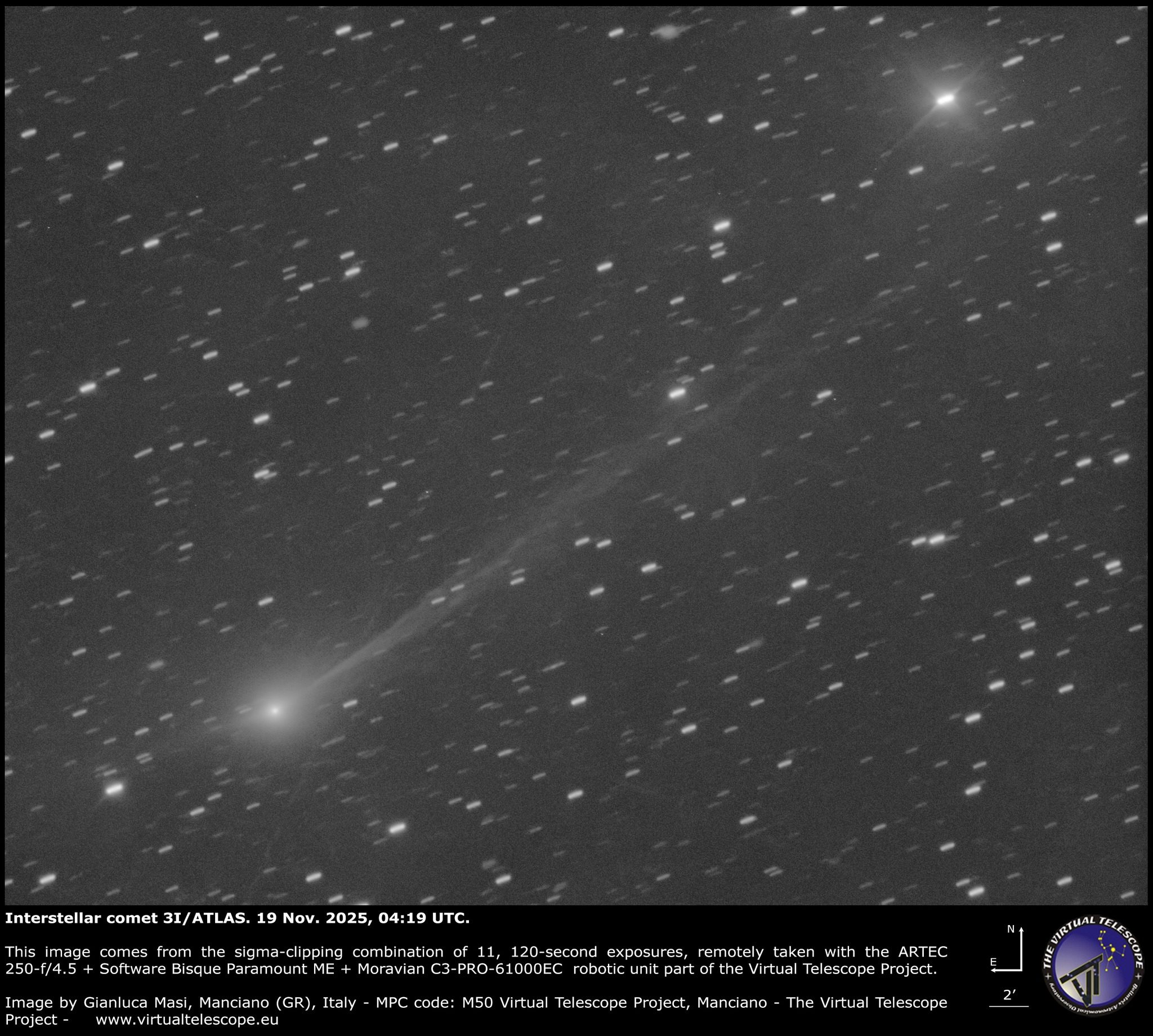La cometa interstellare 3I/ATLAS. Credit: Gianluca Masi/Virtual Telescope Project