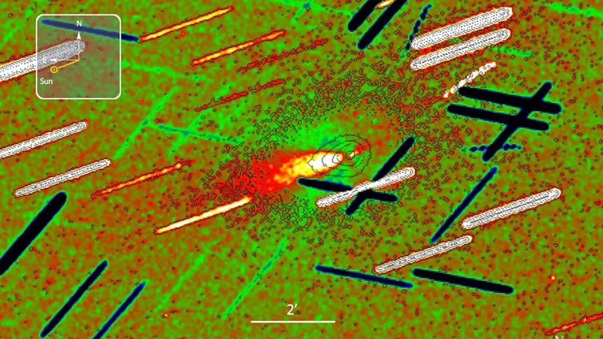 In giallo il grande getto dell’anti–coda di 3I/ATLAS, in un’immagine catturata il 19 dicembre. Credit: Alfons Diepvens