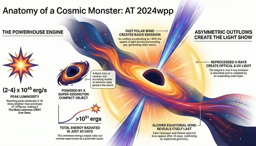 Illustrazione dell’origine di AT 2024wpp, l’LFBOT più luminoso finora osservato: un lampo blu prodotto dalla distruzione completa di una stella da parte di un buco nero&nbsp; / Credit: Raffaella Margutti/UC Berkeley