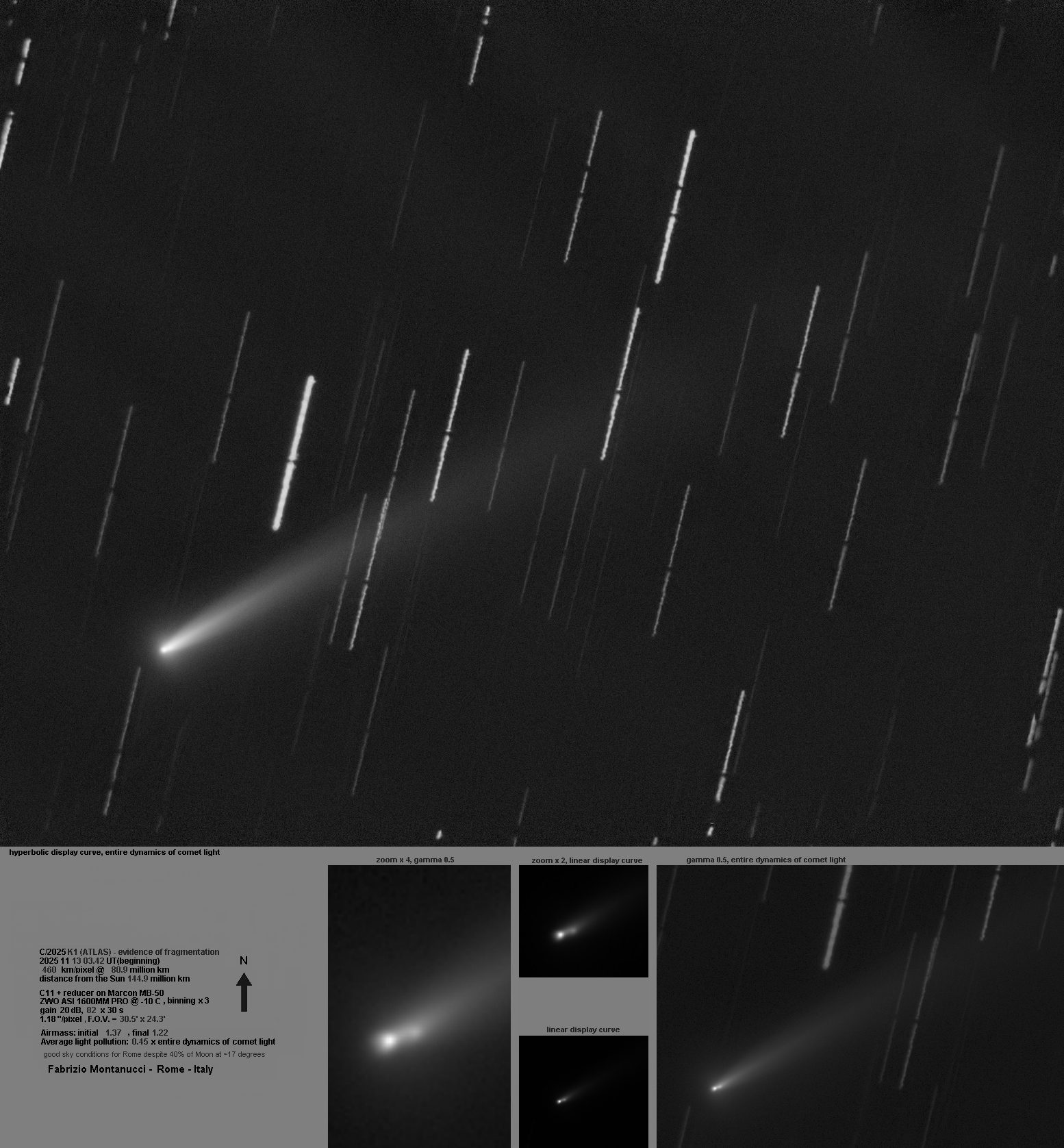 Il nucleo disgregato della cometa C2025 K1. Credit: Fabrizio Montanucci