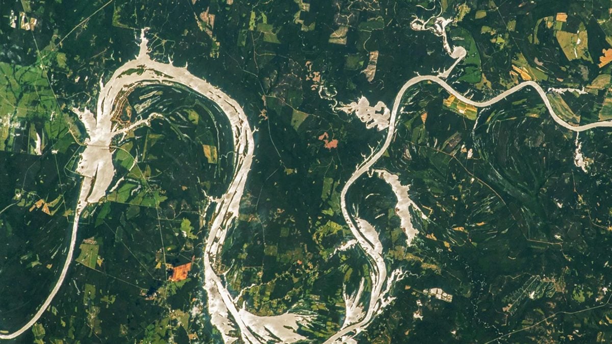 Un raro effetto "sunglint" ha trasformato un tratto del fiume Alabama in un drago dorato / Credit: NASA/Woody Hoburg