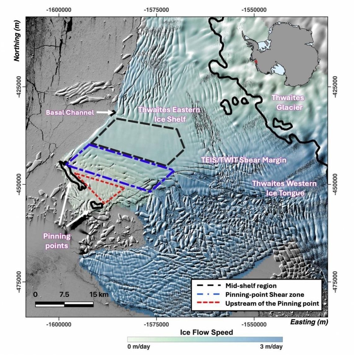 Un’immagine che mostra la velocità del flusso di ghiaccio sul ghiacciaio Thwaites in Antartide / Credit: Università di Manitoba