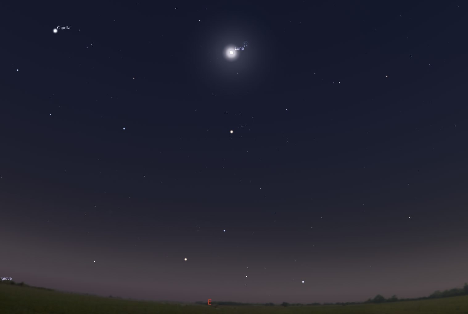 La congiunzione astrale tra la Luna e le Pleiadi del 31 dicembre 2025, la notte di San Silvestro. Credit: Stellarium