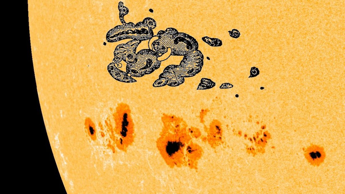La macchia solare dell’Evento di Carrington applicata su un’immagine odierna del Sole, dove è presente l’enorme struttura AR 4294 – AR 4296. Credit: NASA/SDO/spaceweather.com