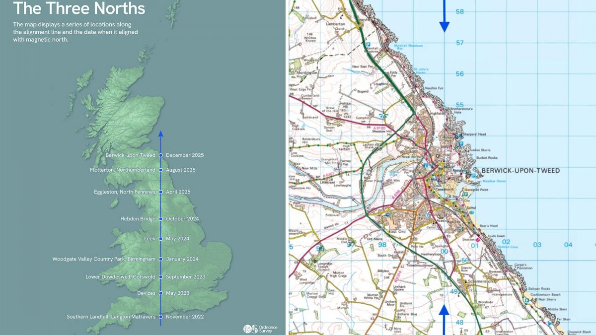 A sinistra l’allineamento dei Tre Nord tra il 2022 e il 2025 nel cuore dell’Inghilterra, a destra la mappa della città Berwick–upon–Tweed, dove oggi il triplice allineamento indicato dalle frecce blu si sposterà nel Mare del Nord. Credit: Ordnance Survey