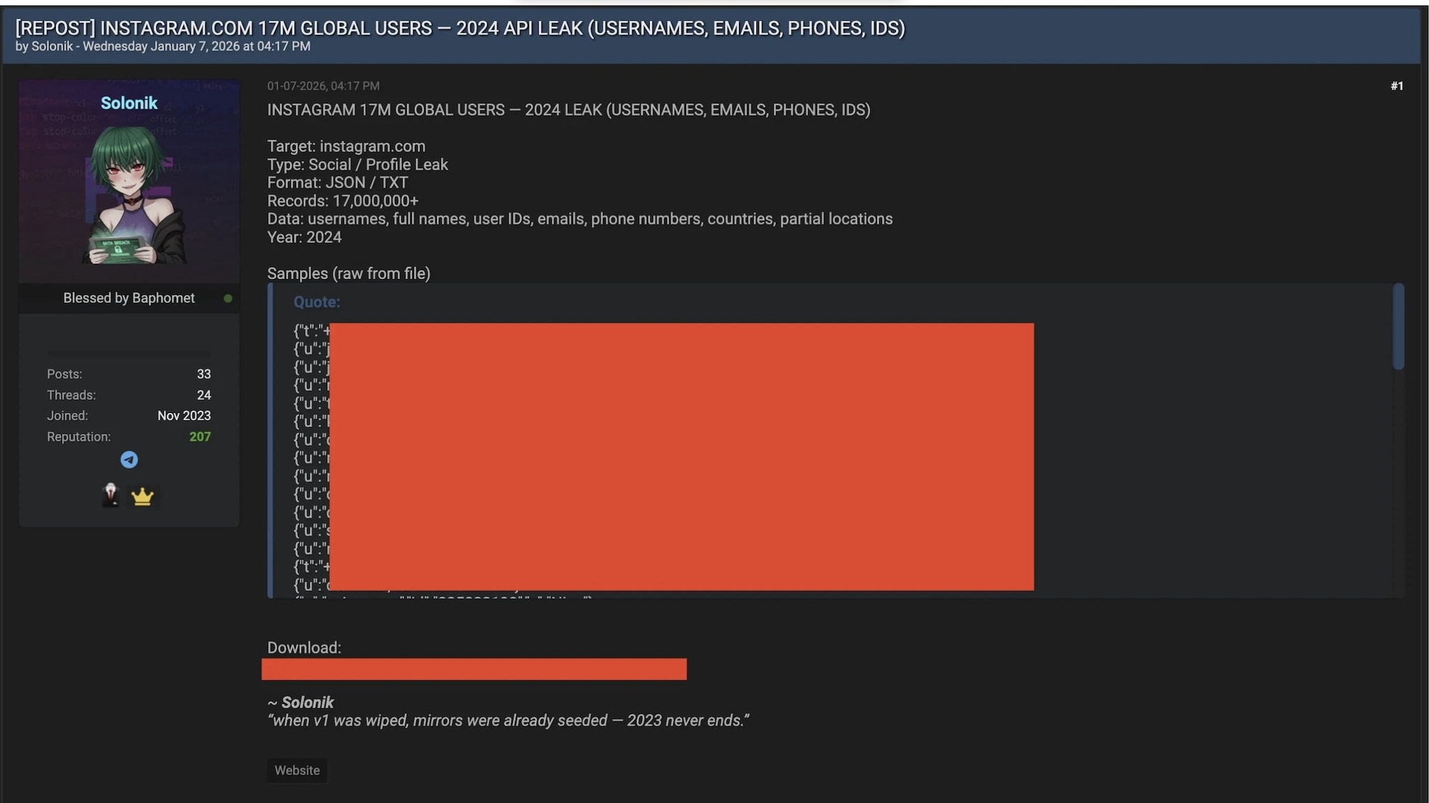 CYBER SECURITY NEWS | Gli screenshot diffusi da Cyber Security News sui dati di Instagram venduti sul dark web