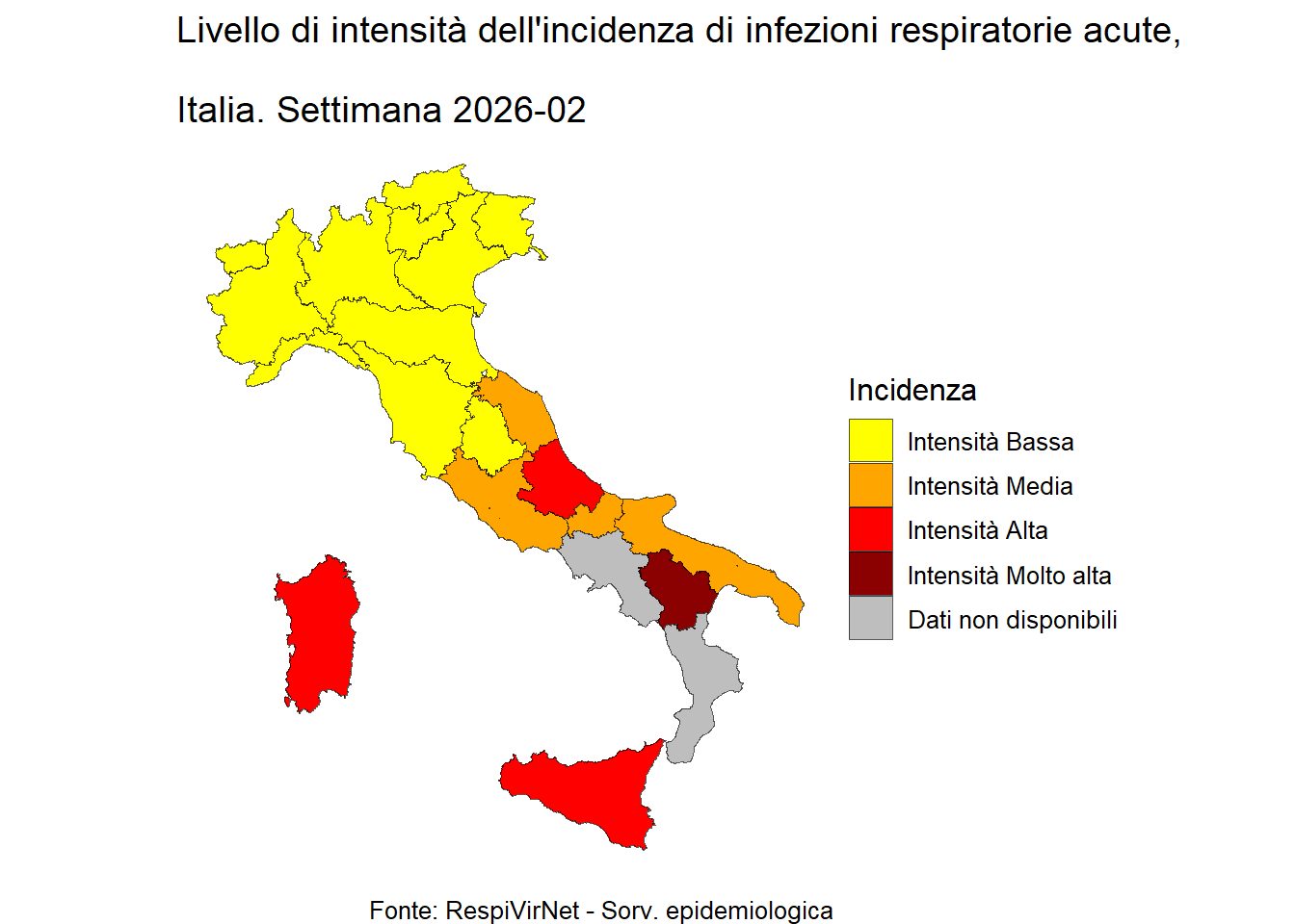 Incidenza delle infezioni respiratorie acute (ARI) in Italia. Dati aggiornati alla settimana 2026–02, dal 05 gennaio al 11 gennaio 2026 / Fonte: RespivirNet, Sorveglianza Epidemiologica