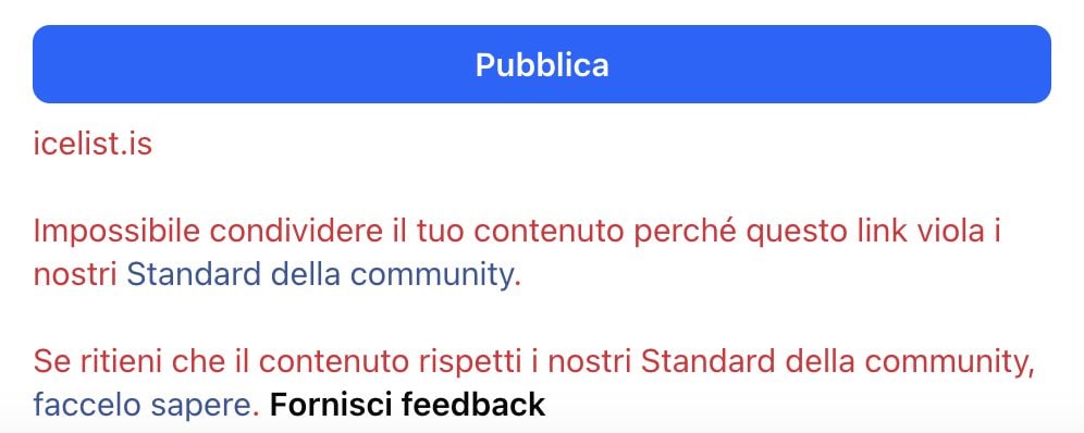 Screen della notifica di Facebook che informa riguardo l’impossibilità di condividere il contenuto con il link a Ice List