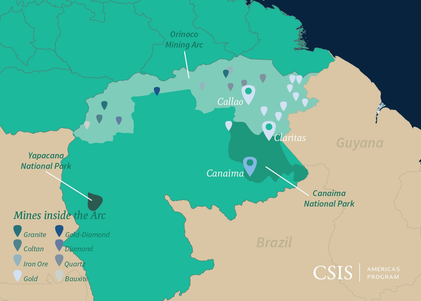 Mappa del Center for Strategic and International Studies (CSIS) che mostra le attività minerarie illegali nell’area dell’Orinoco. | Credits: CSIS
