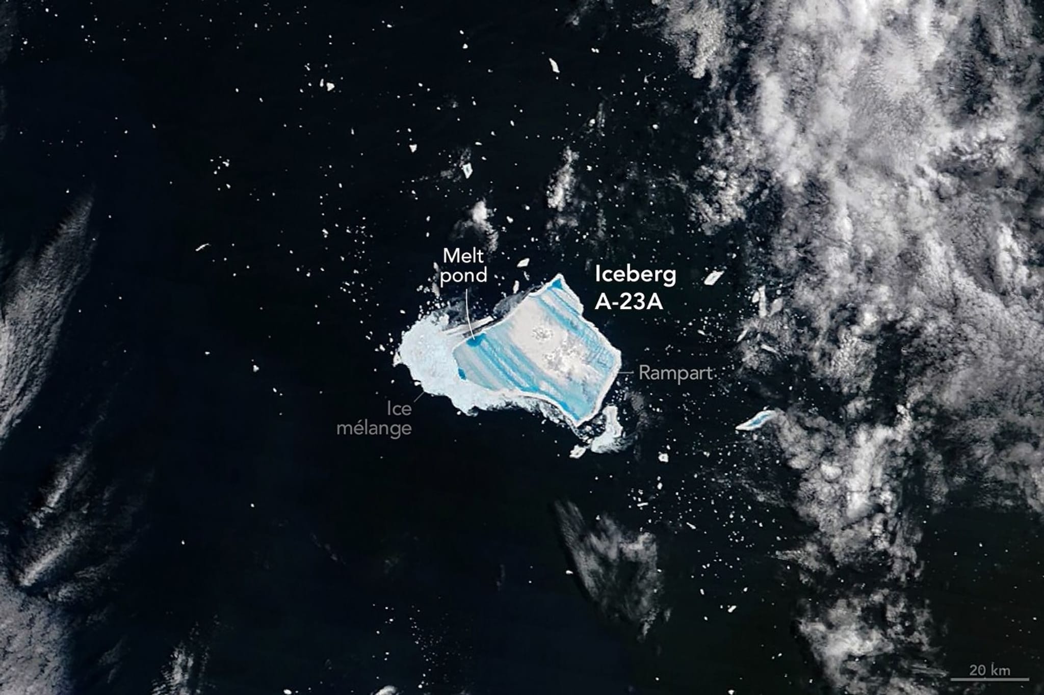 L’iceberg A23a ripreso dal satellite Terra all’inizio di gennaio 2026. Credit: NASA