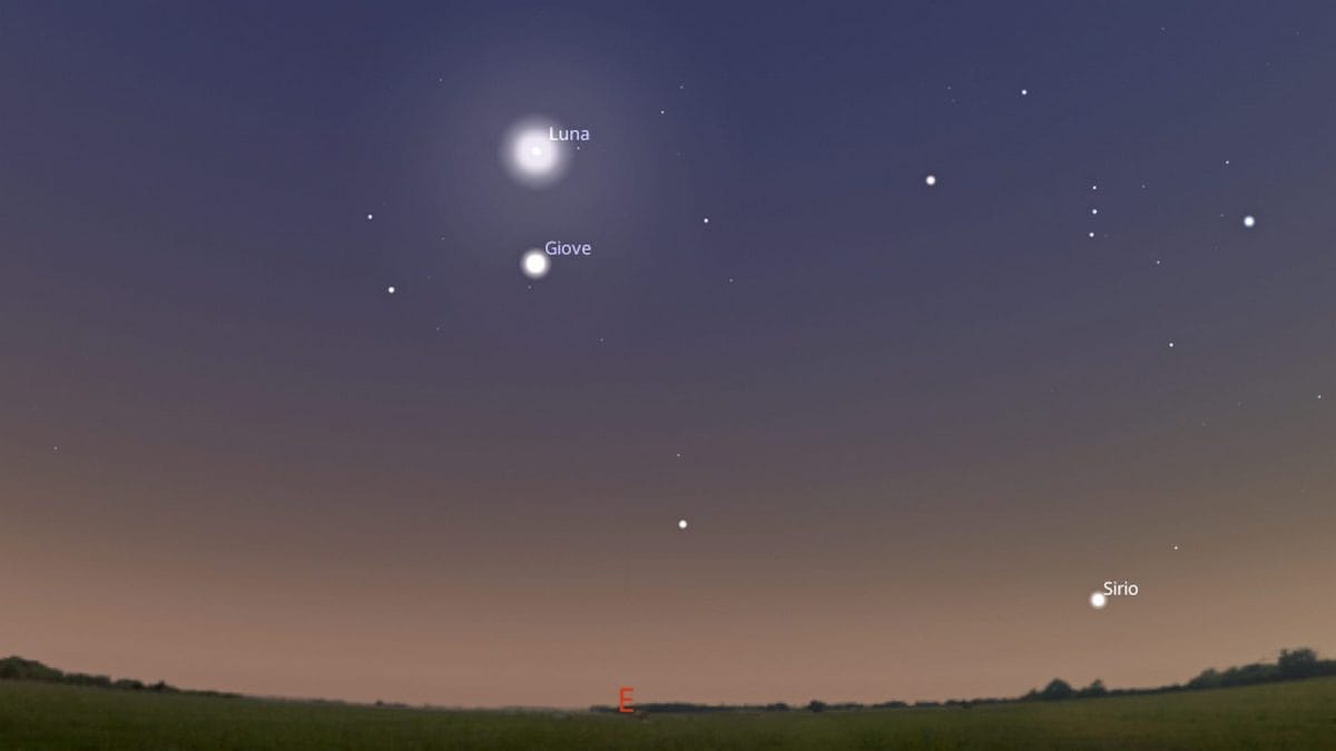 La spettacolare congiunzione astrale del 30 gennaio 2026 tra la Luna e Giove, in compagnia delle stelle Castore e Polluce della costellazione dei Gemelli. Credit: Stellarium