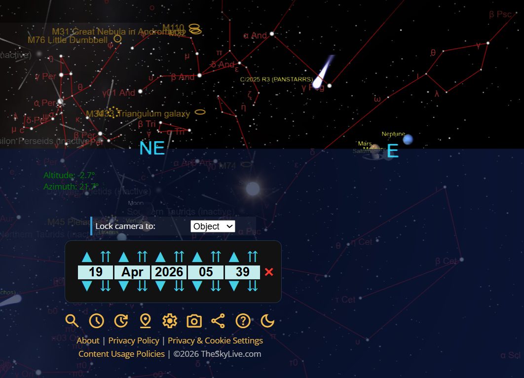 La posizione della cometa cometa C/2025 R3 (PANSTARS) nel giorno del perielio. Credit: TheSkyLive