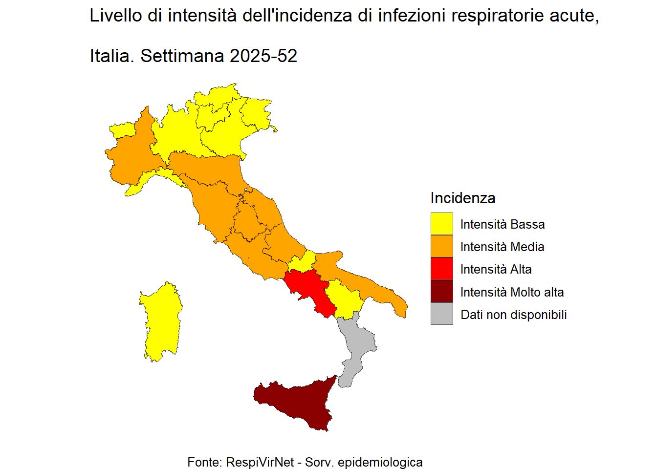Incidenza delle infezioni respiratorie acute (ARI) in Italia. Dati aggiornati alla settimana 52 / Credit: RespiVirNet/Sorveglianza epidemiologica