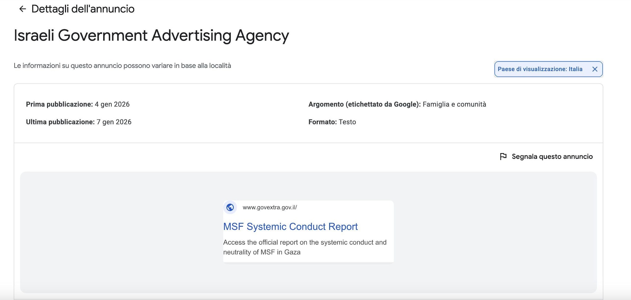 GOOGLE ADS TRASPARENCY | La campagna di Israele