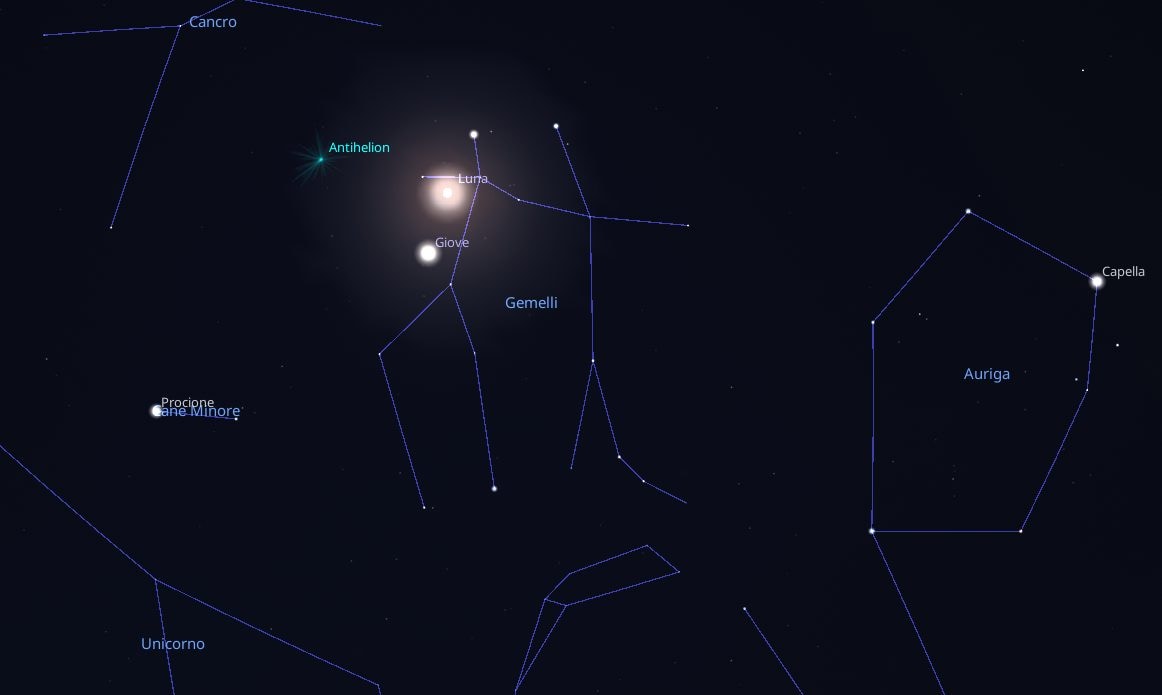 La Luna Piena del Lupo in congiunzione astrale con Giove. Credit: Stellarium