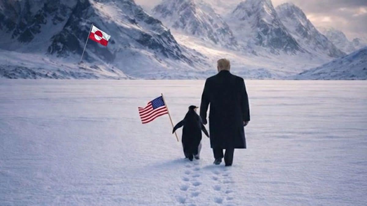 L’immagine generata dall’intelligenza artificiale, pubblicata dall’account ufficiale della Casa Bianca sui social, che raffigura Donald Trump accanto a un pinguino in Groenlandia / Credit: @TheWhiteHouse