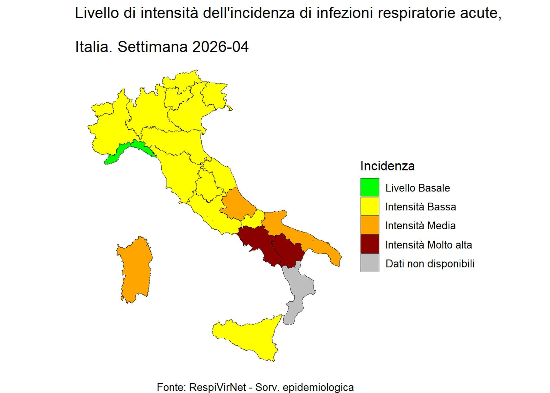 Infezioni respiratorie acute (ARI) in Italia. Dati aggiornati alla settimana 2026–04, dal 19 gennaio al 25 gennaio 2026 / Fonte: RespivirNet (ISS), Sorveglianza Epidemiologica
