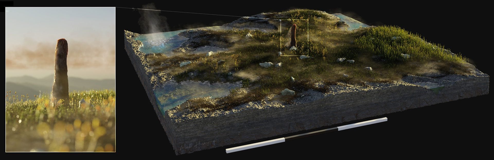 Ricostruzione del fossile di Prototaxites all’interno dell’area di Rhynie / Credit: Loron et al., Science Advances 2026.