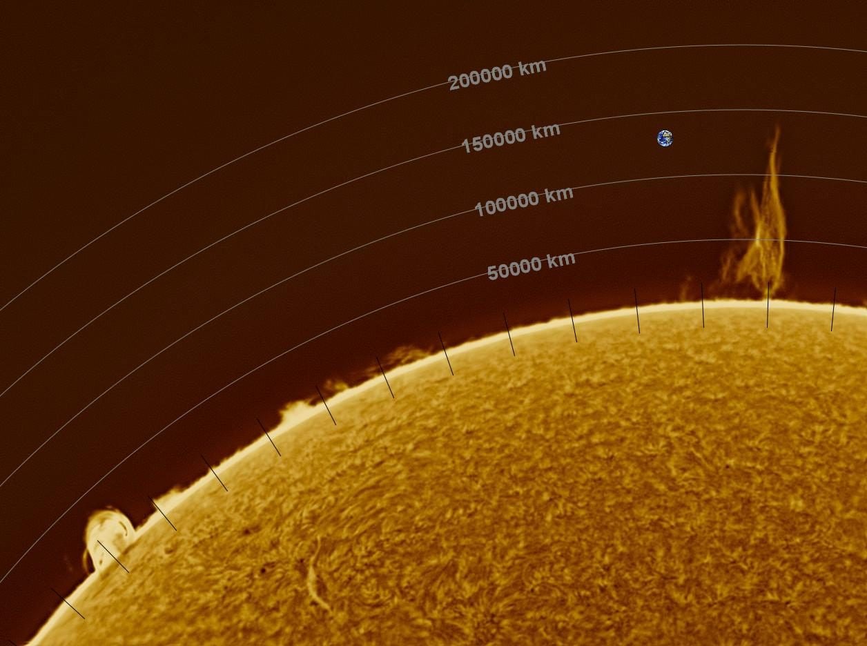 Una grande protuberanza emerge dal Sole. Composizione con dati dimensionali e l’integrazione della Terra. Credit: Fabio Giordano