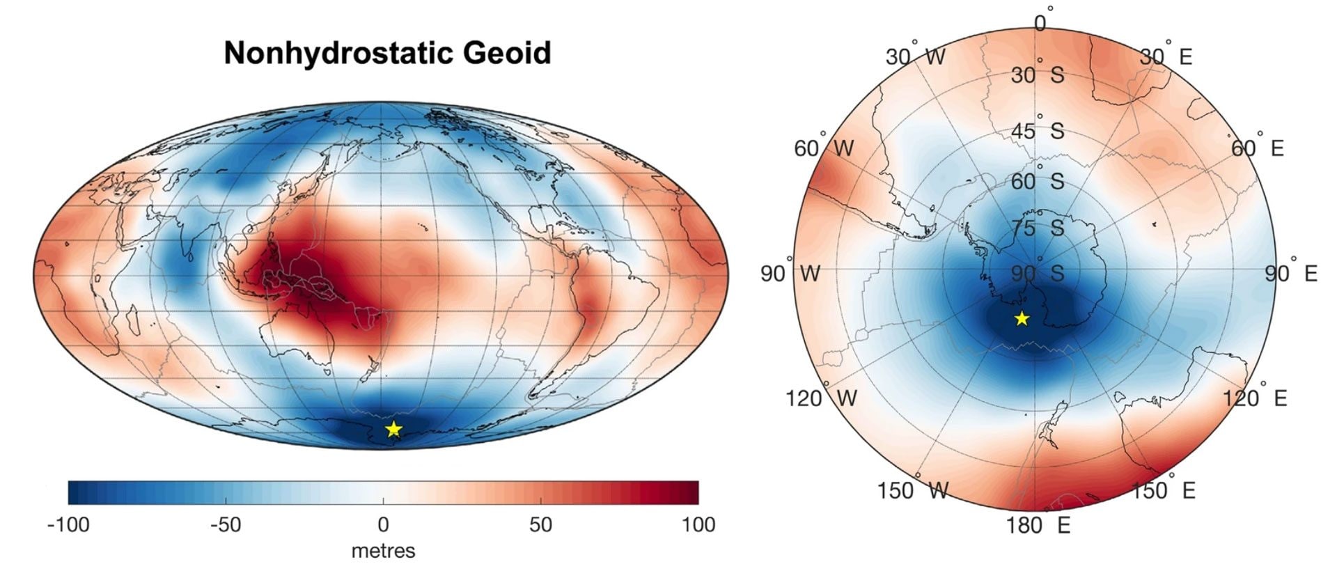 Anomalie del geoide non idrostatiche: in alto la distribuzione globale; in basso il dettaglio sull’Antartide e sulle aree circostanti, dove si colloca la depressione più profonda, nel settore della Baia di Ross. / Credit: Scientific Reports 2025