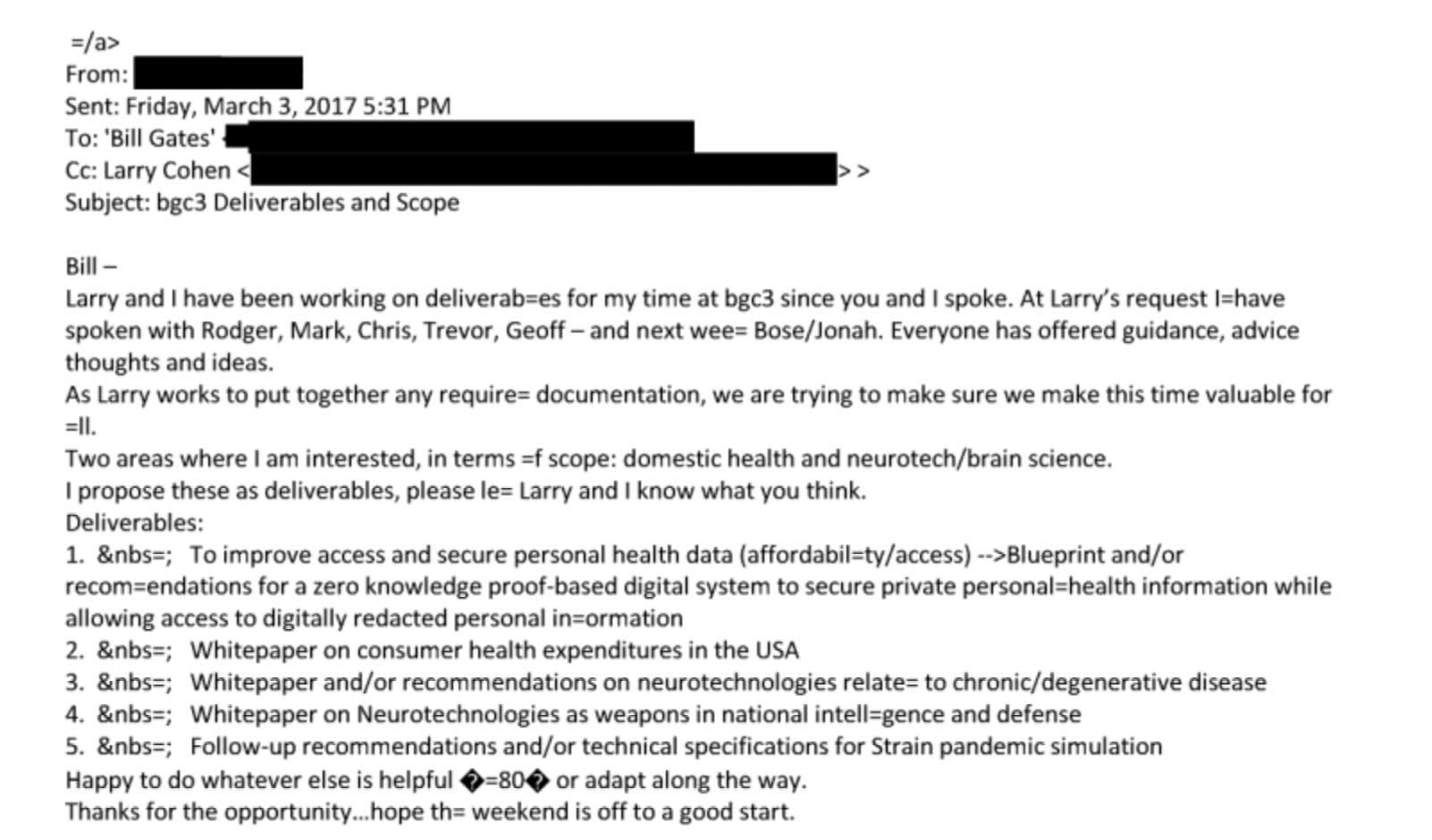 Estratto della mail del 3 marzo 2017 presente nei file Epstein.