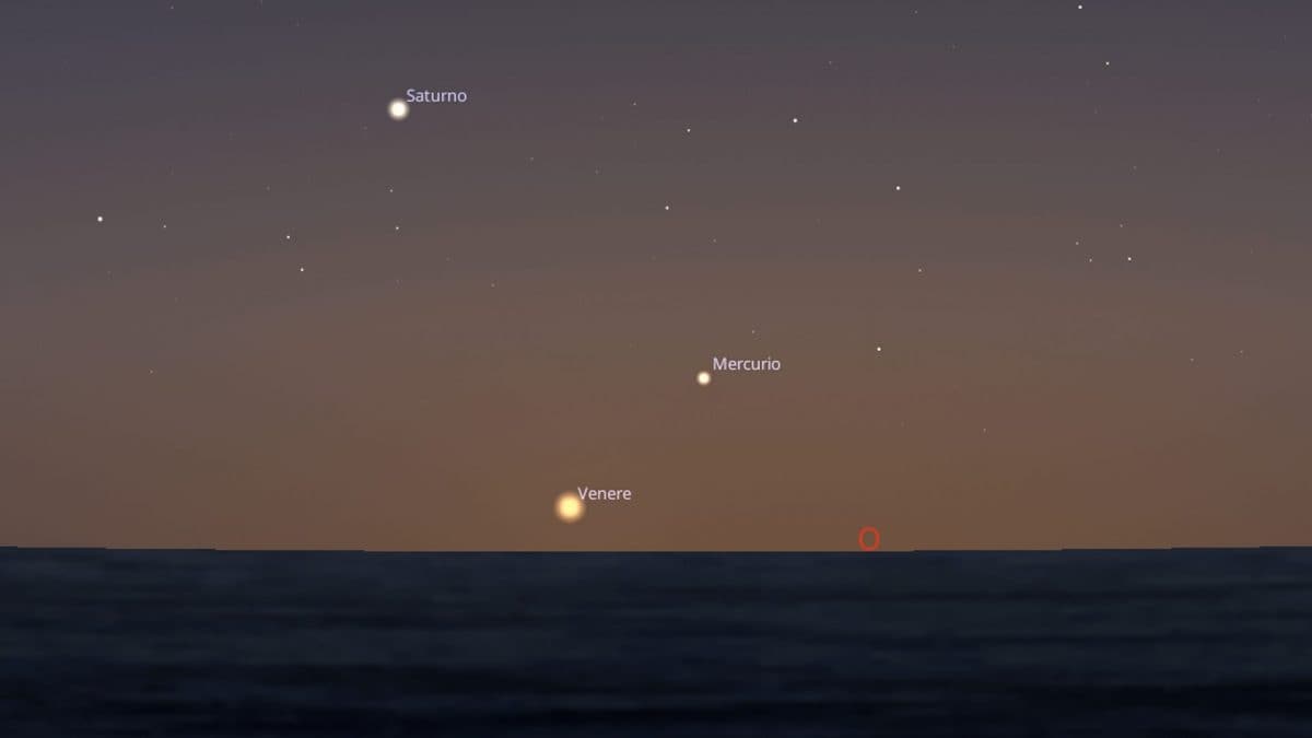 Il bellissimo triangolo celeste con Mercurio, Venere e Saturno nel cielo del 26 febbraio 2026. Credit: Stellarium
