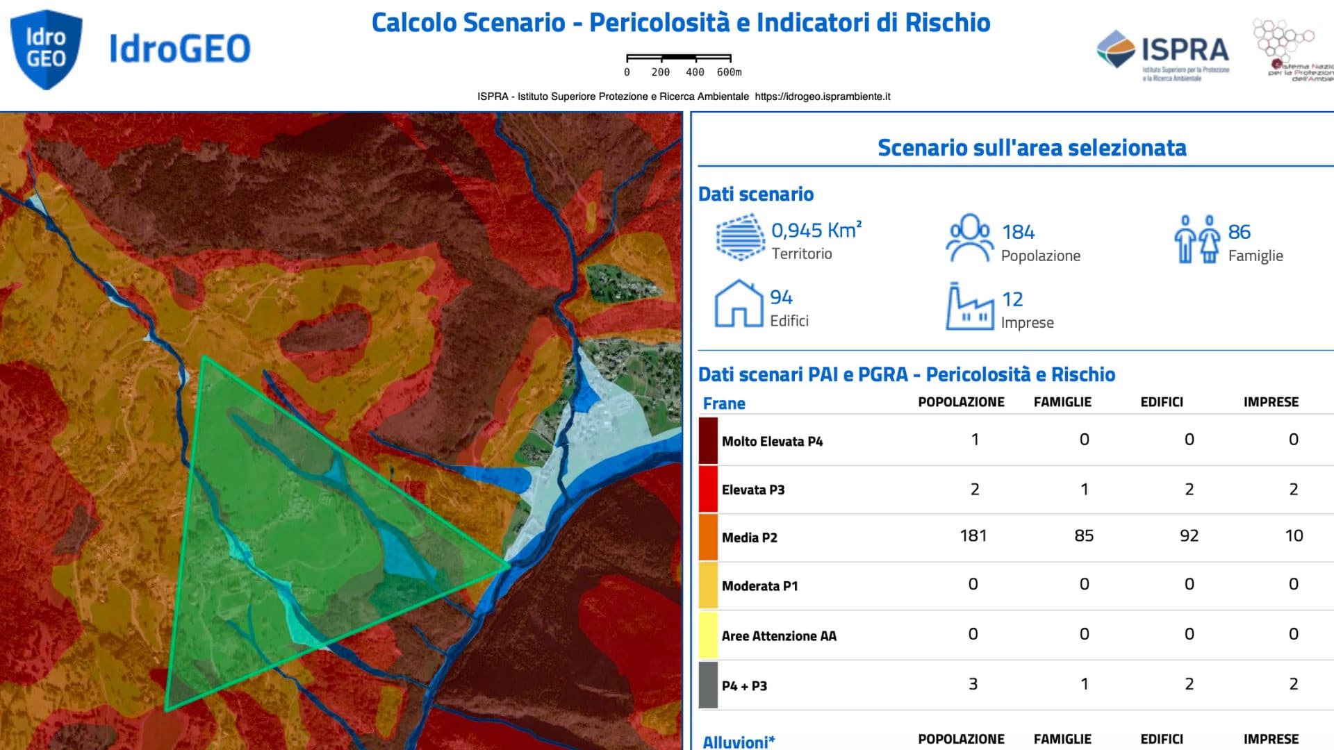 IdroGEO (ISPRA) | Esempio di un report generato dalla piattaforma attraverso la funzione "Calcola lo scenario"