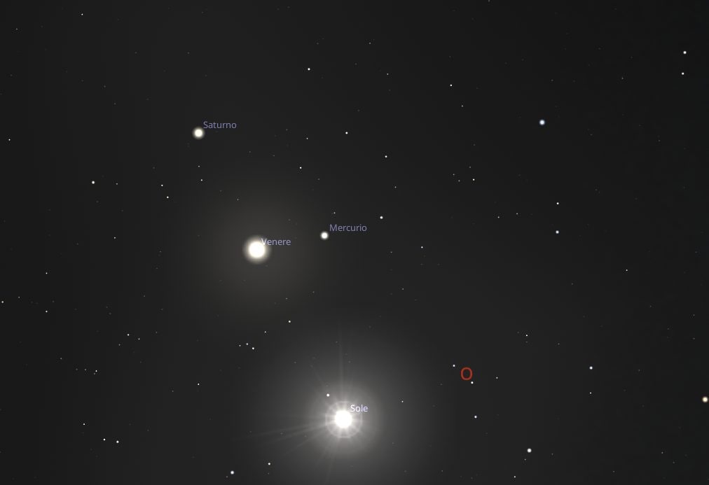 La posizione di Saturno, Mercurio e Venere a ridosso dell’orizzonte (Nettuno è appaiato a Saturno ma invisibile a occhio nudo). Credit: Stellarium