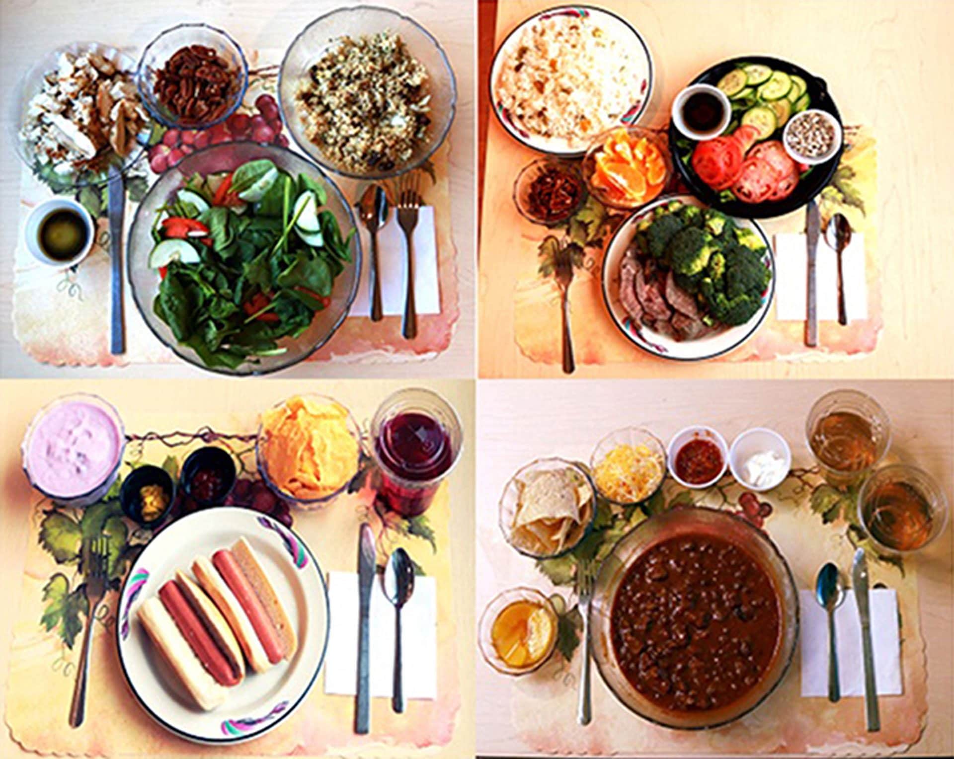 Le alternative alimentari previste dallo studio guidato dal dottor Hall: in alto i pasti con alimenti non trasformati (a sinistra il pranzo, a destra la cena); in basso i pasti con cibi ultra–processati. Per due settimane i partecipanti seguivano una dieta a base di alimenti non trasformati e per altre due una dieta a base di cibi ultra–processati, potendo mangiare liberamente in entrambe le condizioni.