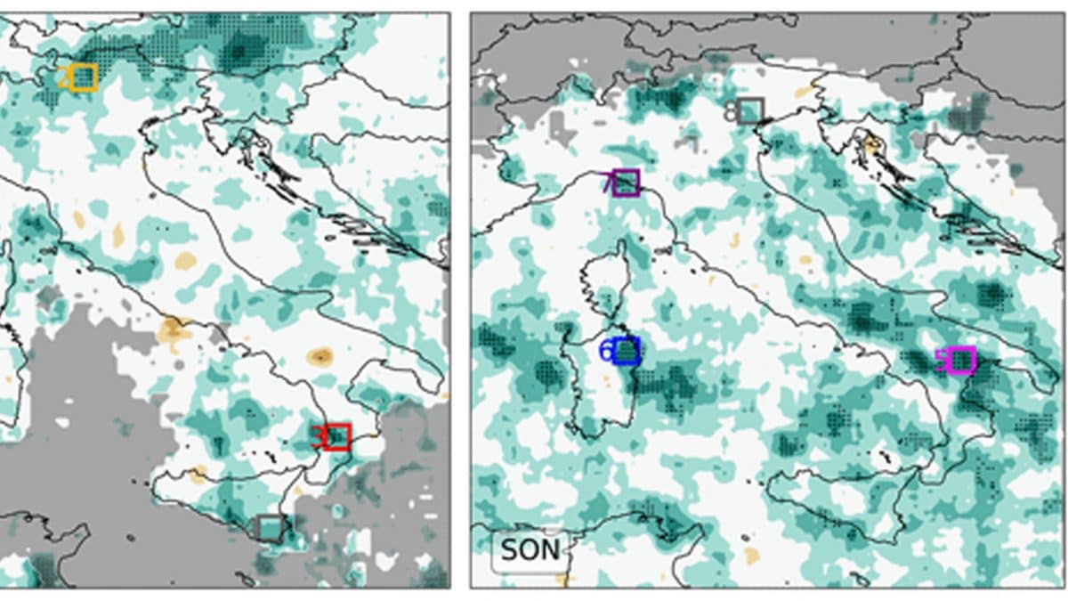 Variazione percentuale per decennio degli estremi di precipitazione oraria (HPE) in Italia tra il 1986 e il 2022. A sinistra l’estate (JJA), a destra l’autunno (SON). Le aree tratteggiate indicano trend significativi, con aumenti fino al 20–30% per decennio in alcune zone alpine, appenniniche e costiere. Fonte: Università Statale di Milano, Natural Hazards and Earth System Sciences.