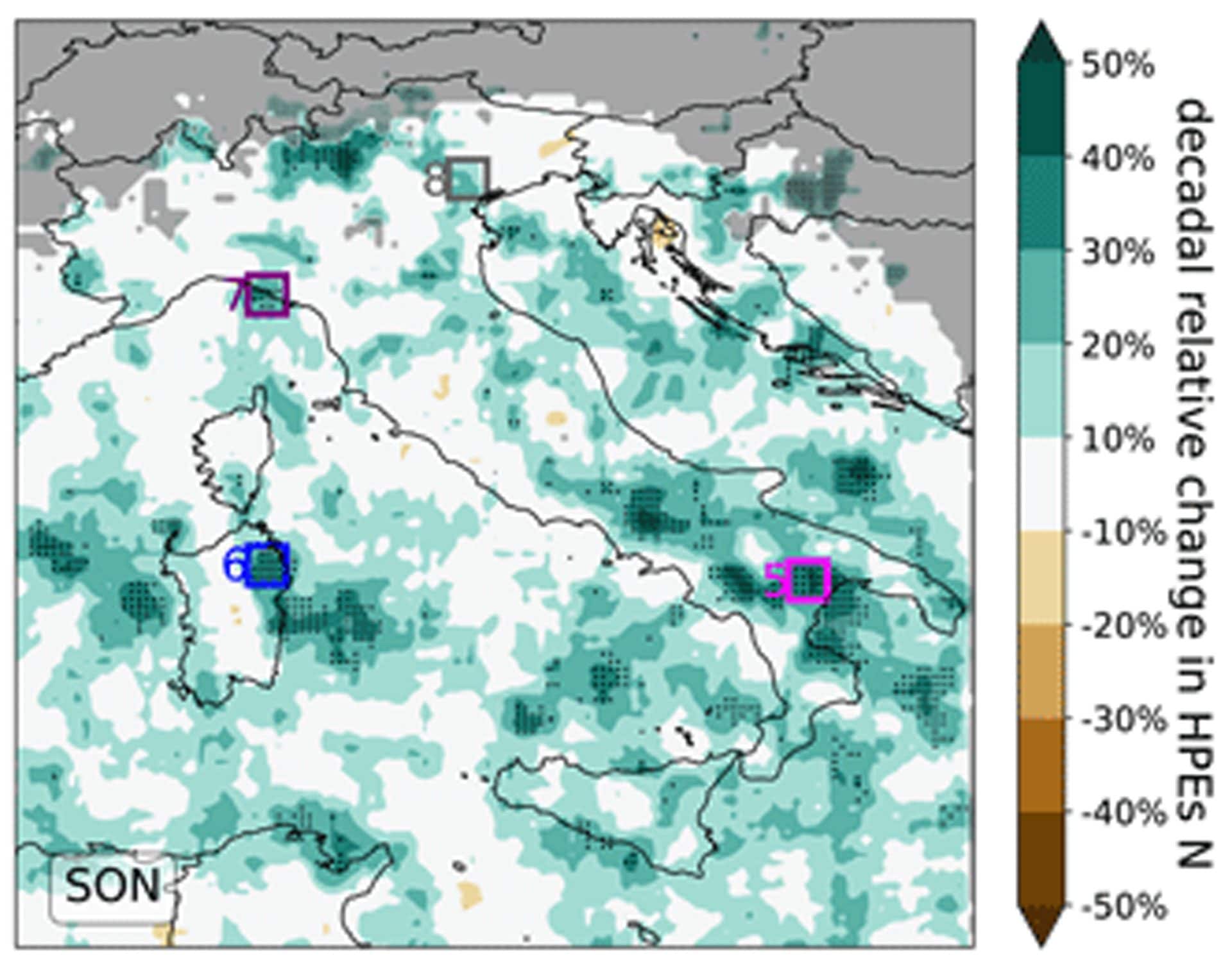 Autunno (SON): Trend significativi sull’Appennino meridionale e lungo diverse aree costiere, tra cui Liguria orientale, Sardegna orientale, Adriatico meridionale e Ionio. Le tonalità più scure indicano aumenti più marcati. I riquadri colorati evidenziano le regioni utilizzate per l’analisi delle serie temporali.