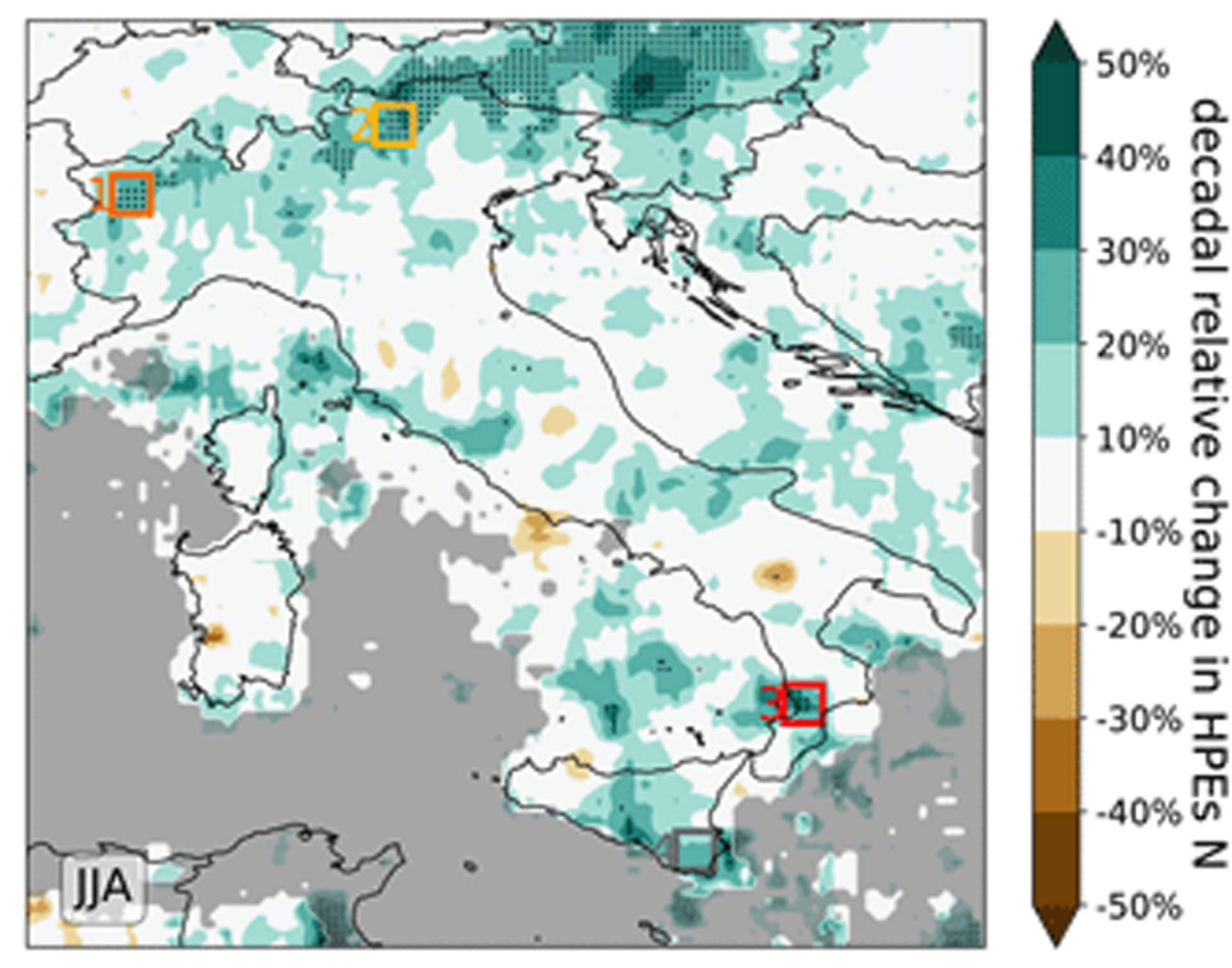 Estate (JJA): Incremento degli HPE soprattutto lungo l’arco alpino e prealpino e in alcune aree della Calabria.