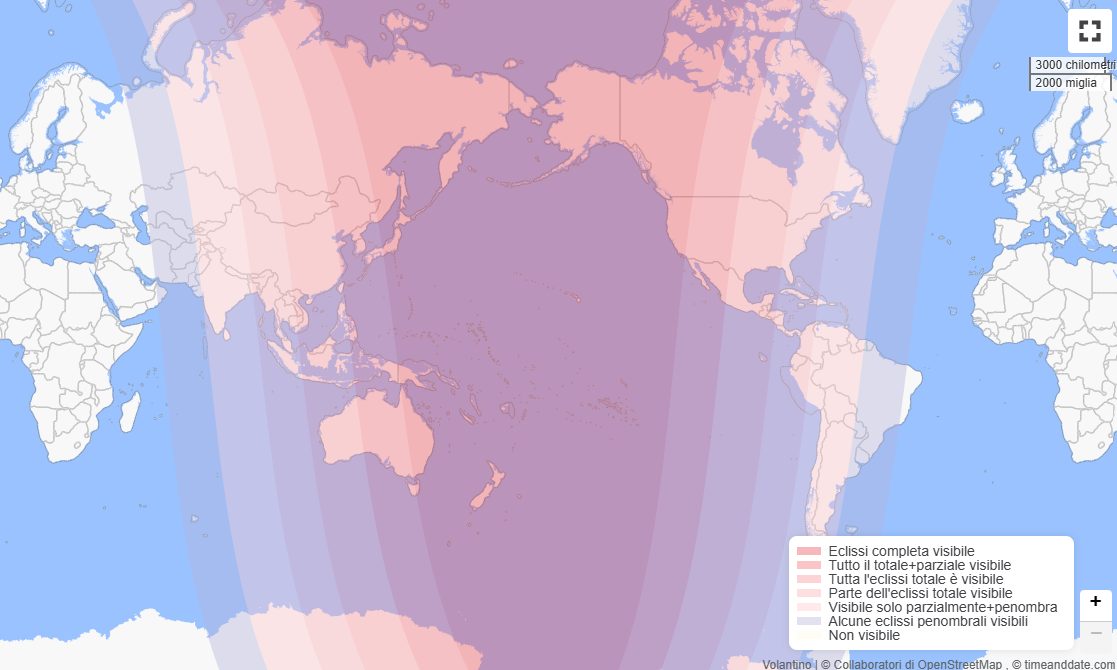 La mappa dell’eclissi di Luna totale del 3 marzo 2026. Credit: timeanddate