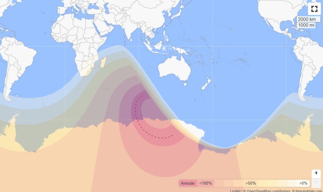 La mappa della visibilità dell’eclissi di Sole anulare del 17 febbraio 2026. Credit: Timeanddate