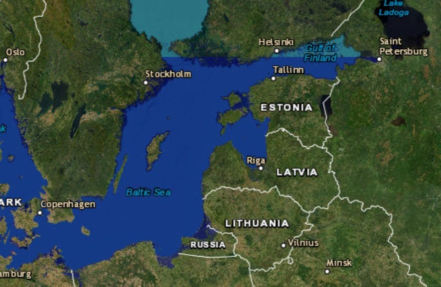 Il Mar Baltico con innalzamento di 1 metro. Credit FloodMaps