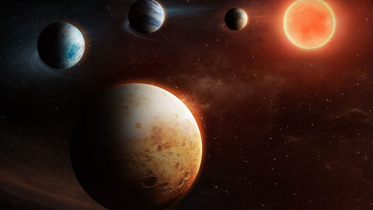 Illustrazione della stella nana rossa LHS 1903 e dei suoi quattro pianeti. Il più esterno, LHS 1903e, è un pianeta roccioso che mette in discussione i modelli standard di formazione planetaria / Credit: ESA